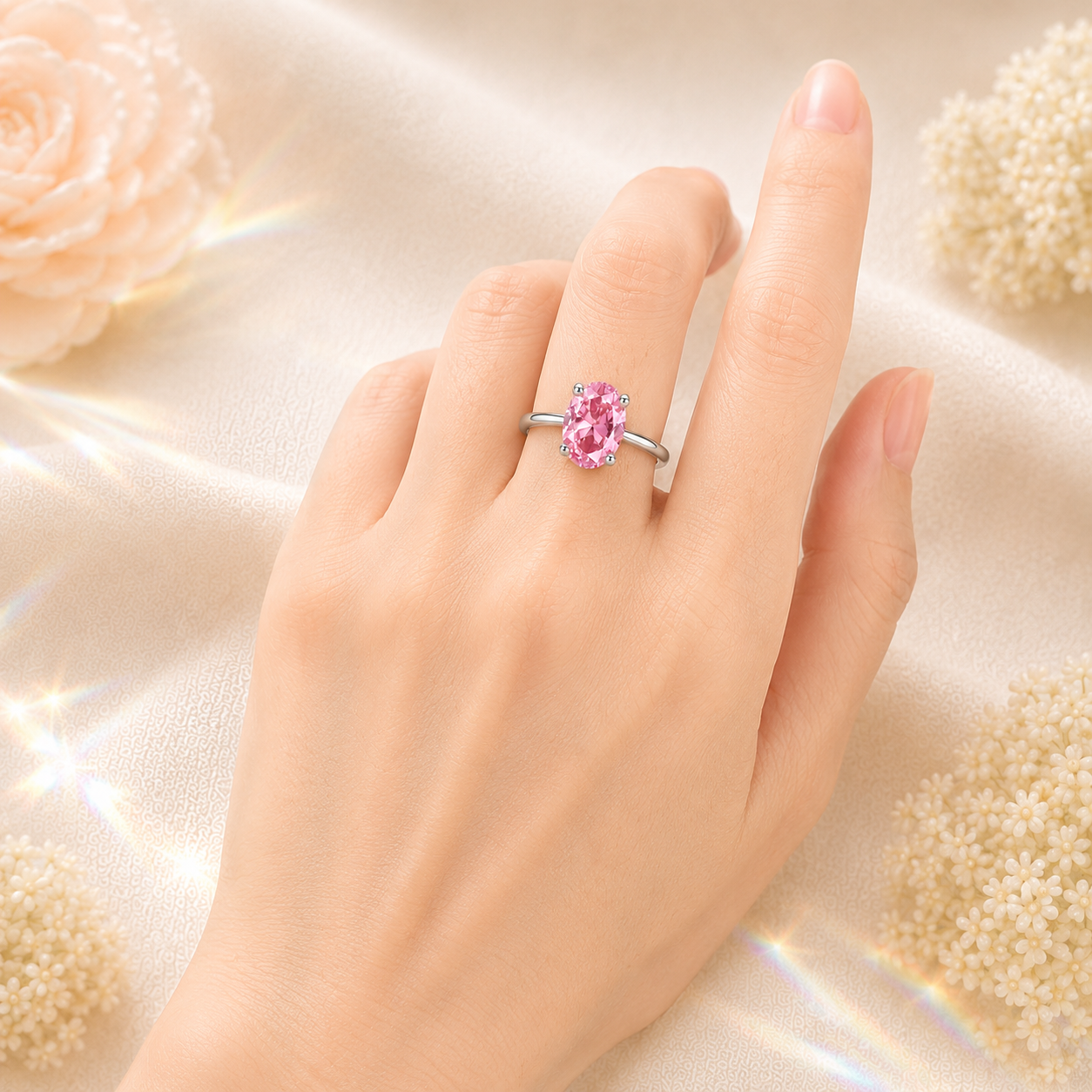 Pink Elara 1 Carat Oval Colored Moissanite Ring — worn styling view