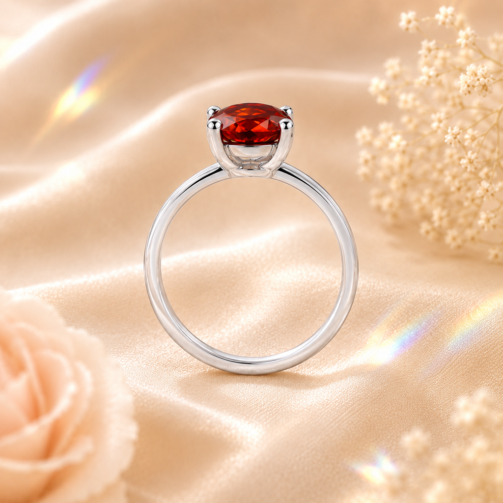 Red Elara 1 Carat Oval Colored Moissanite Ring — side profile detail