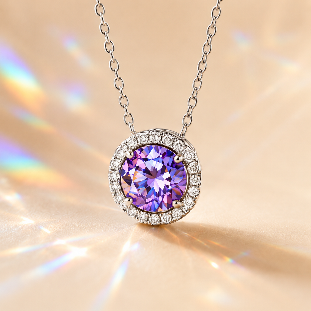 Purple Aura 2 Carat Round Halo Colored Moissanite Necklace — front view