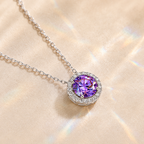 Purple Aura 2 Carat Round Halo Colored Moissanite Necklace — styled still-life view