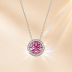Pink Aura 2 Carat Round Halo Colored Moissanite Necklace — front view