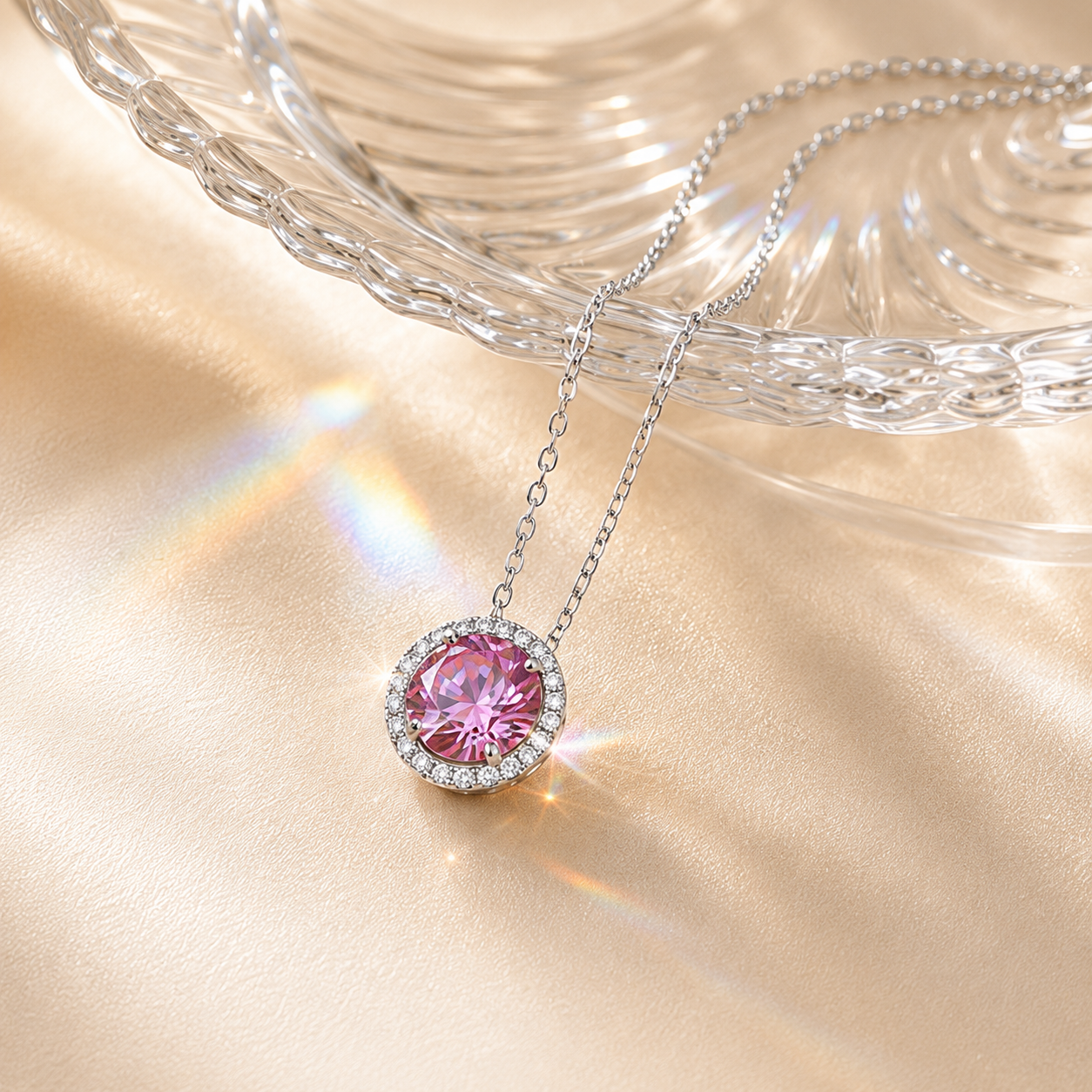 Pink Aura 2 Carat Round Halo Colored Moissanite Necklace — styled still-life view