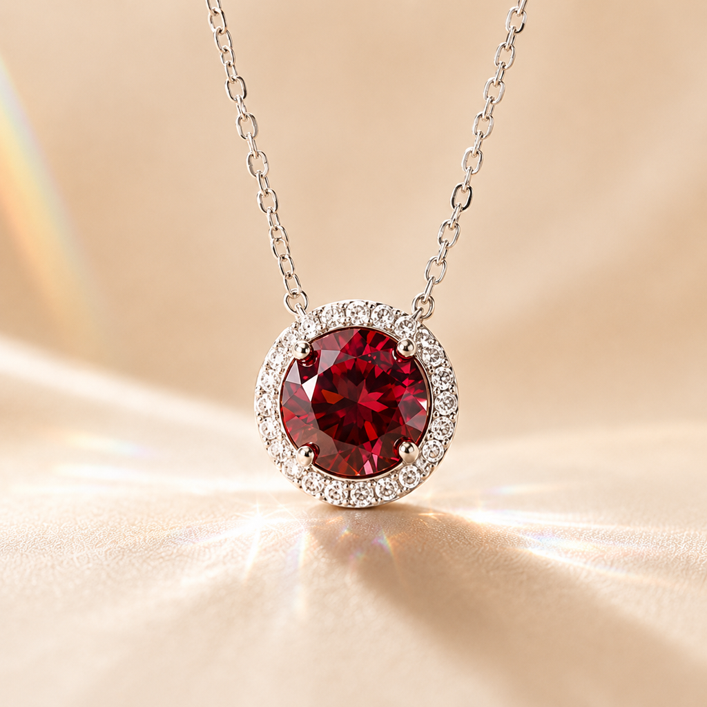 Red Aura 2 Carat Round Halo Colored Moissanite Necklace — front view
