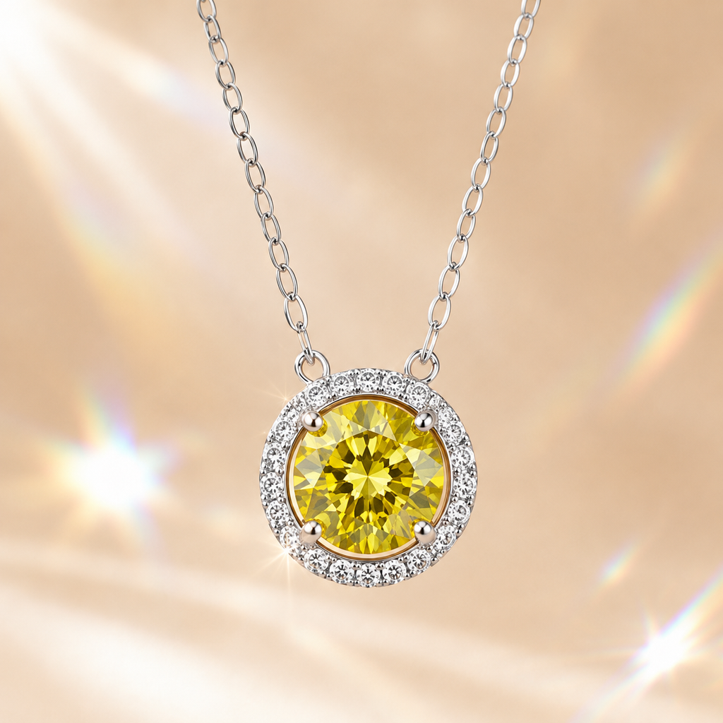 Yellow Aura 2 Carat Round Halo Colored Moissanite Necklace — front view