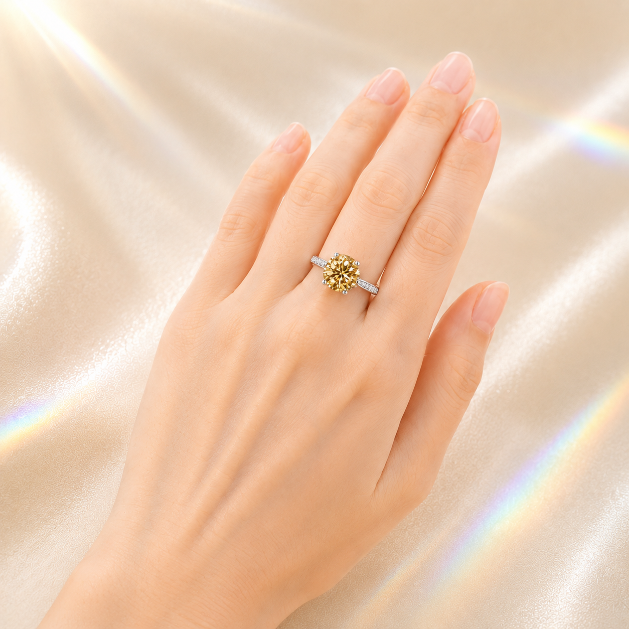 Champagne Clarté 2 Carat Six-Prong Colored Moissanite Ring — worn styling view