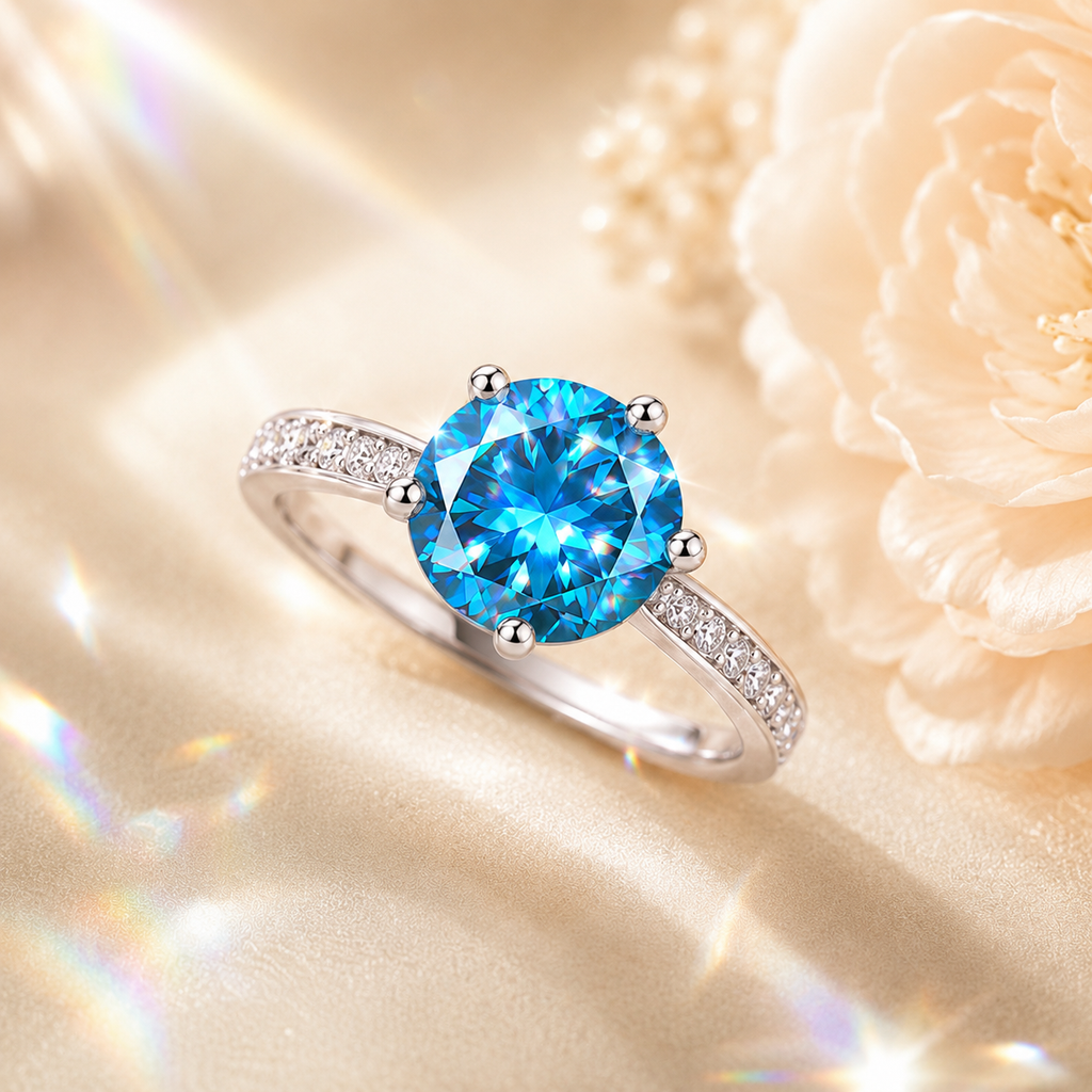 Blue Clarté 2 Carat Six-Prong Colored Moissanite Ring — front view