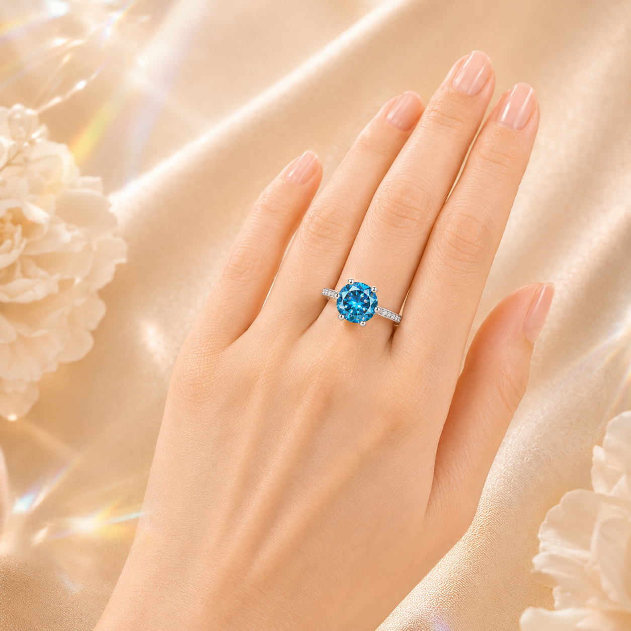 Blue Clarté 2 Carat Six-Prong Colored Moissanite Ring — worn styling view