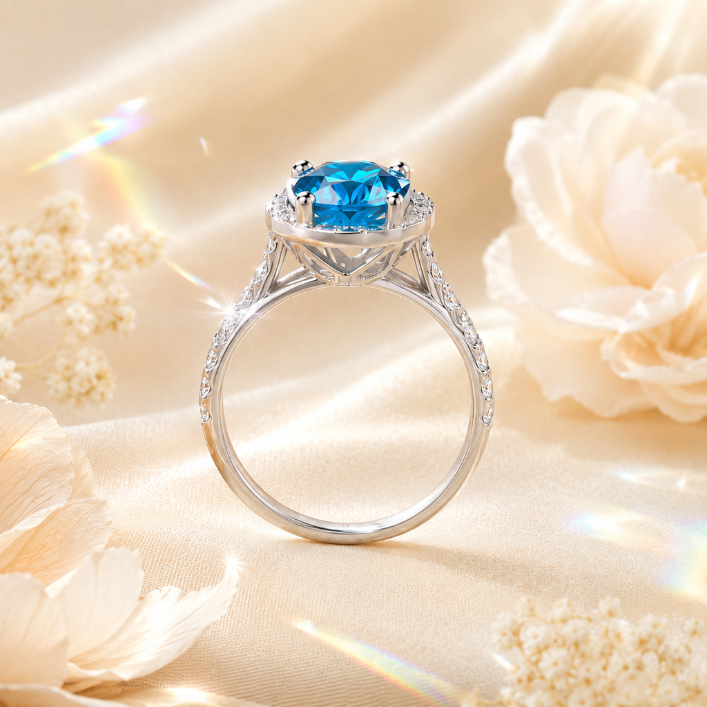 Blue Clarté 2 Carat Six-Prong Colored Moissanite Ring — side profile detail