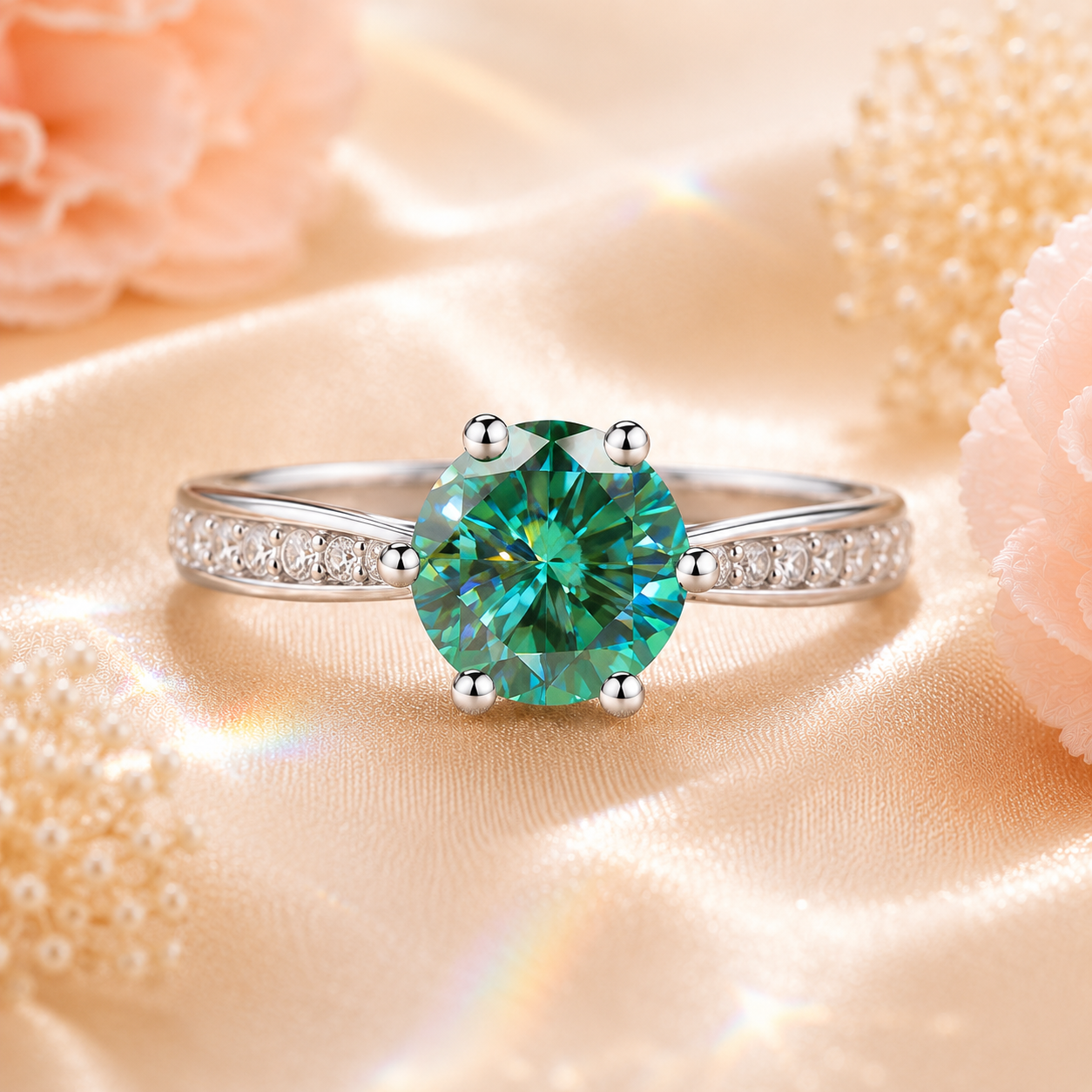 Green Clarté 2 Carat Six-Prong Colored Moissanite Ring — front view