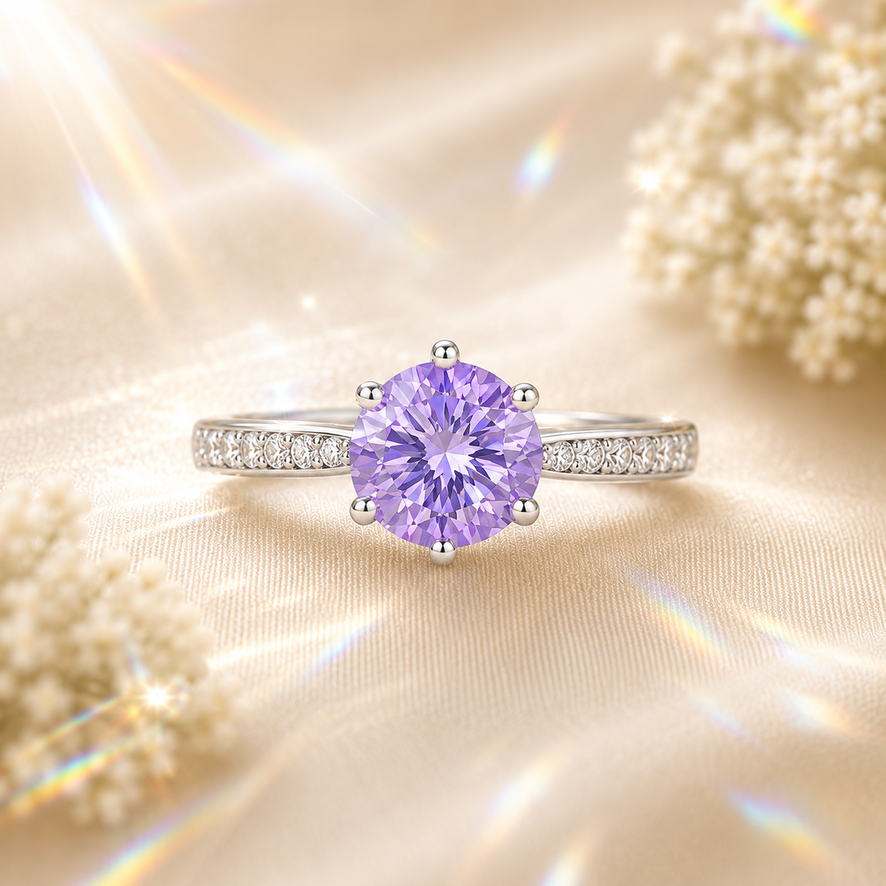 Purple Clarté 2 Carat Six-Prong Colored Moissanite Ring — front view