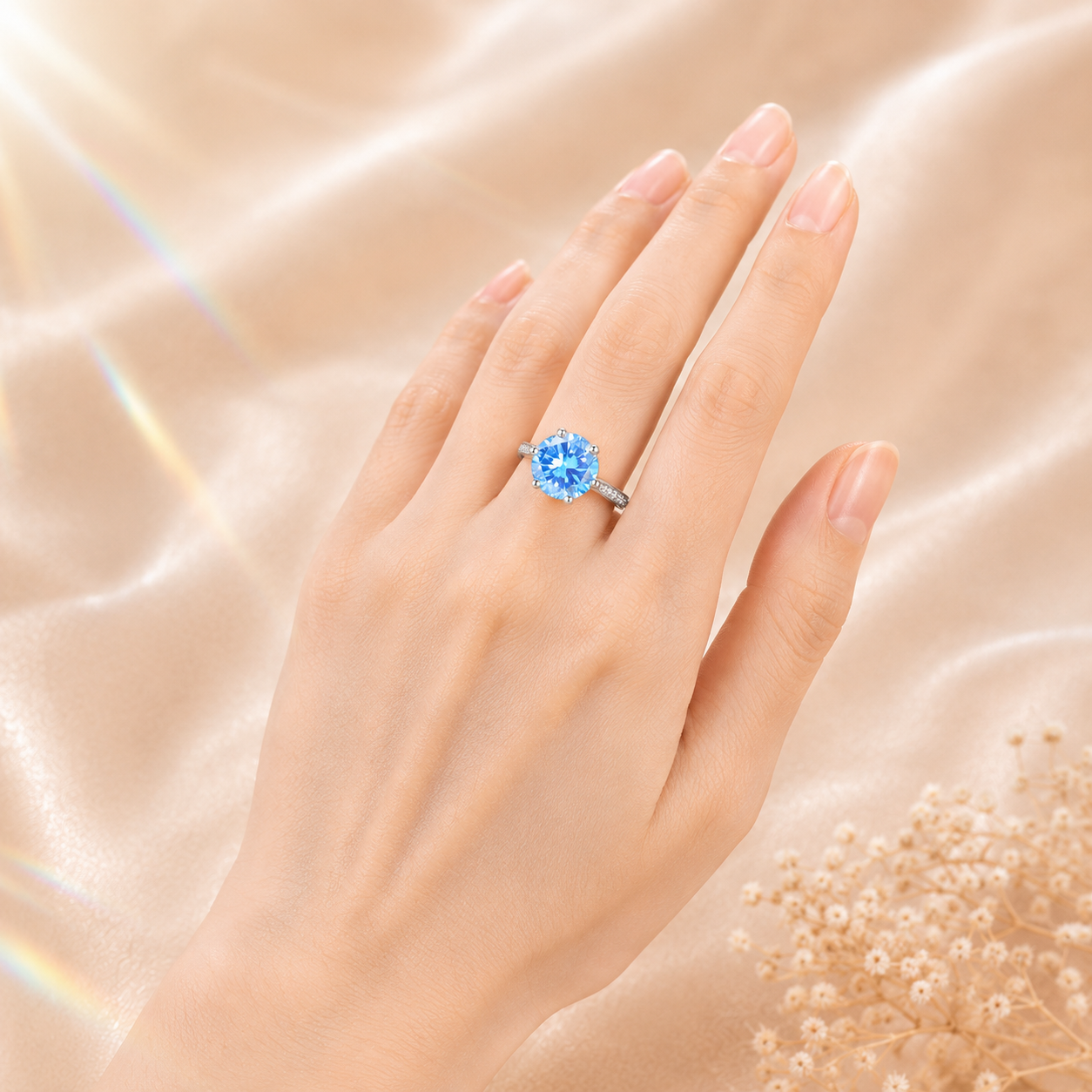 Ocean Blue Clarté 2 Carat Six-Prong Colored Moissanite Ring — worn styling view