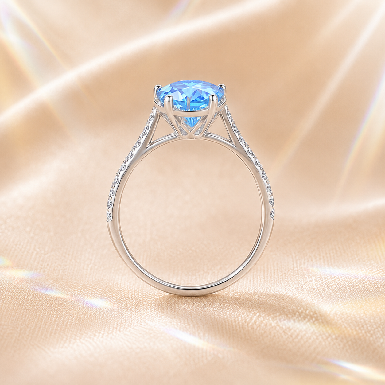 Ocean Blue Clarté 2 Carat Six-Prong Colored Moissanite Ring — side profile detail