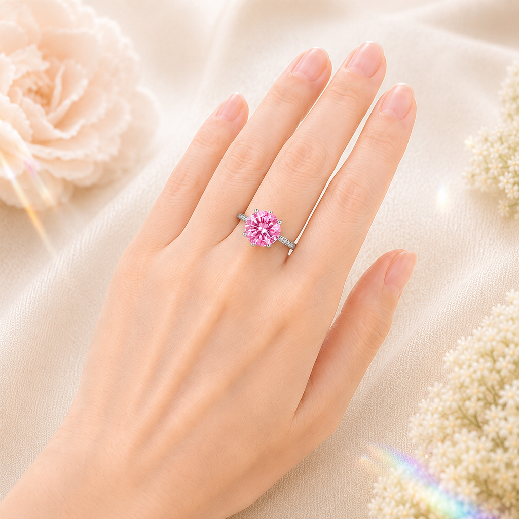 Pink Clarté 2 Carat Six-Prong Colored Moissanite Ring — worn styling view