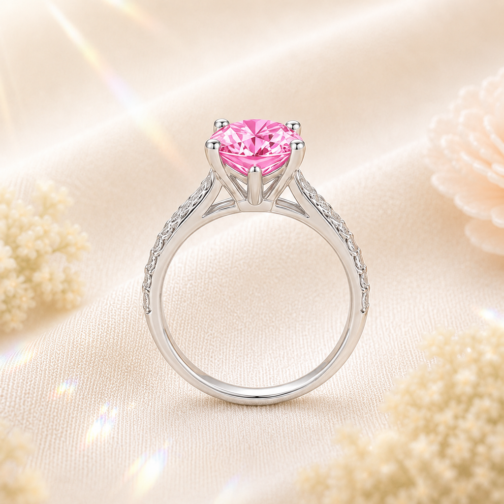 Pink Clarté 2 Carat Six-Prong Colored Moissanite Ring — side profile detail