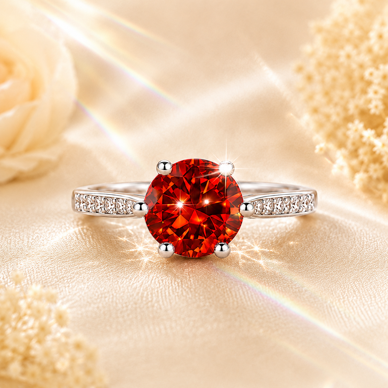 Red Clarté 2 Carat Six-Prong Colored Moissanite Ring — front view