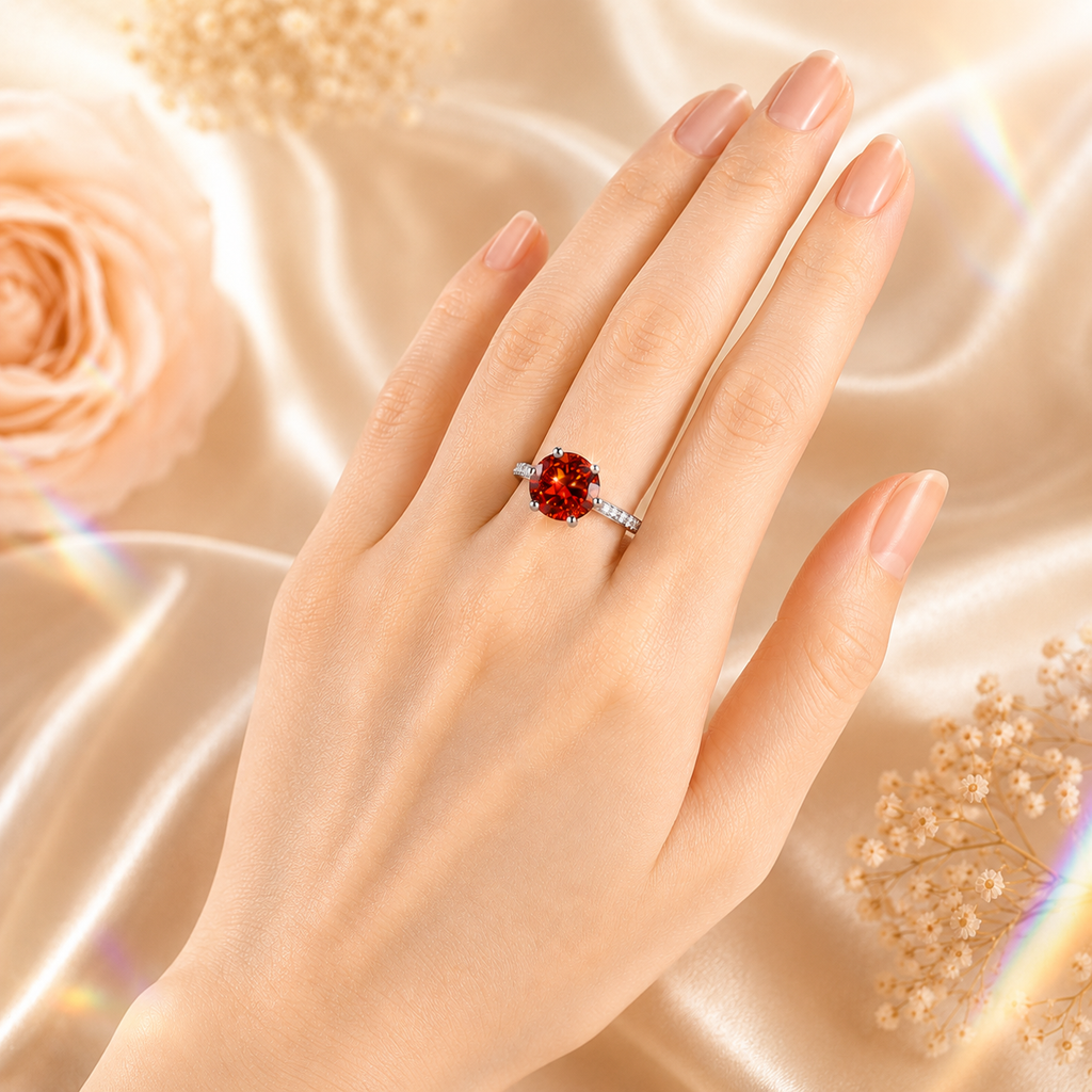 Red Clarté 2 Carat Six-Prong Colored Moissanite Ring — worn styling view