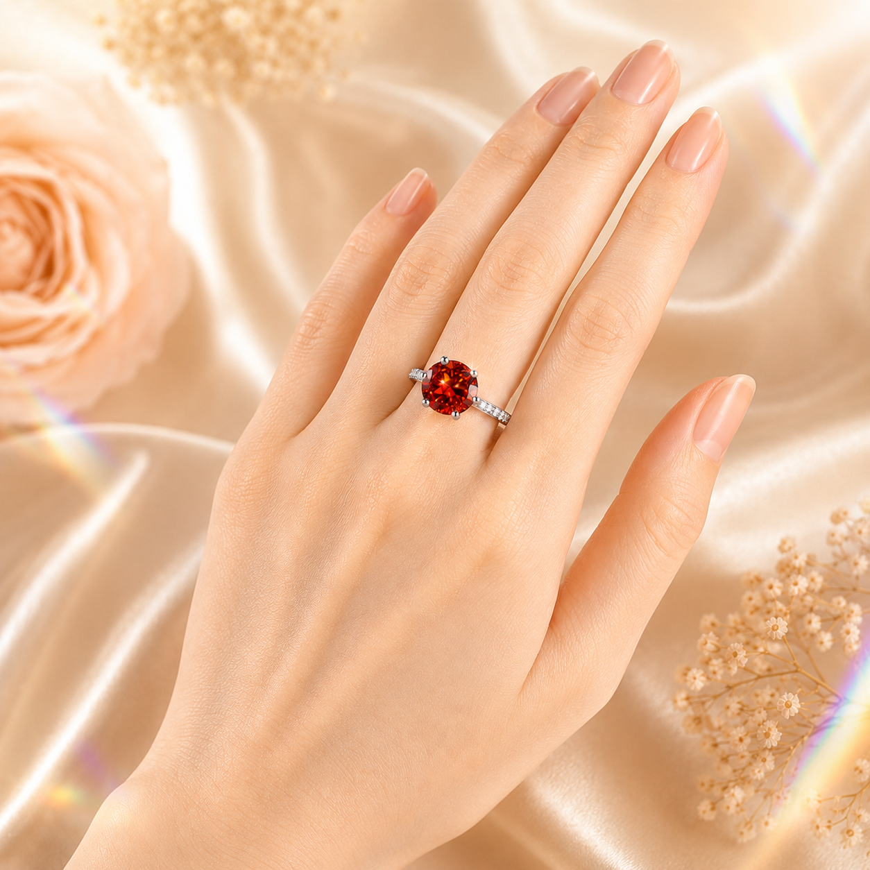 Red Clarté 2 Carat Six-Prong Colored Moissanite Ring — worn styling view
