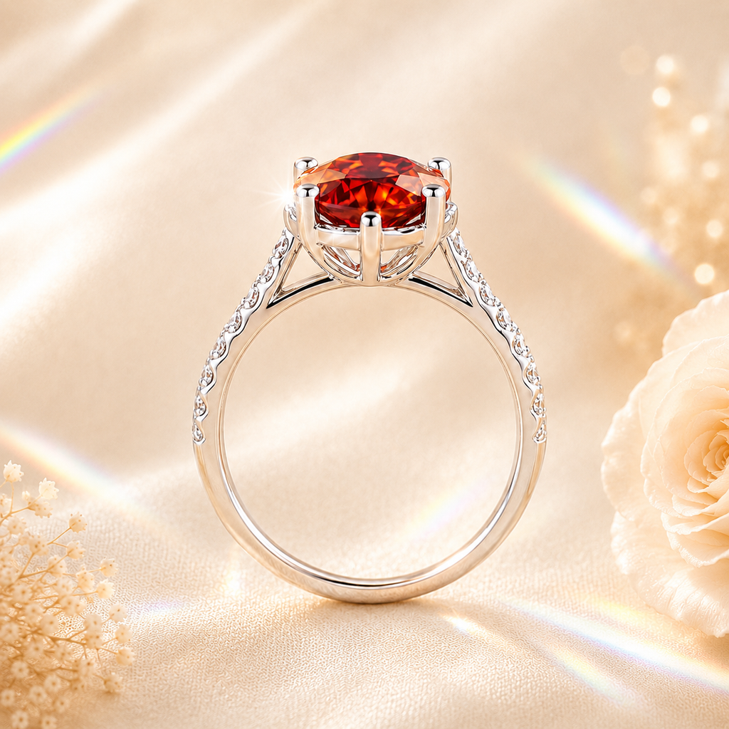 Red Clarté 2 Carat Six-Prong Colored Moissanite Ring — side profile detail