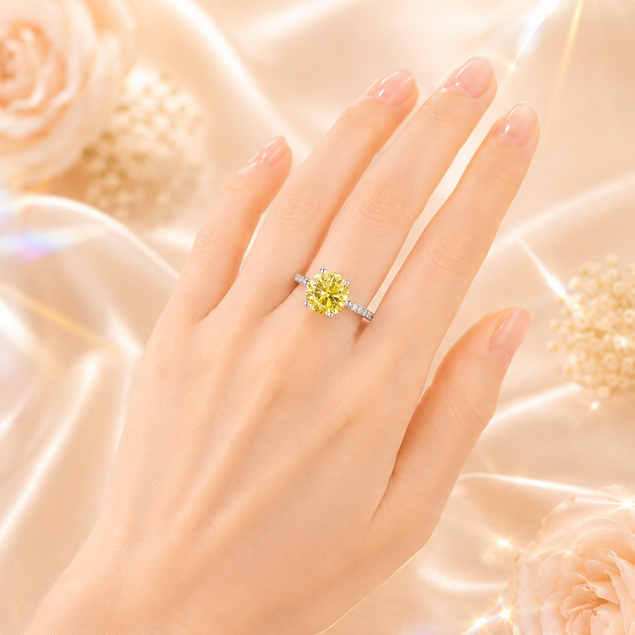 Yellow Clarté 2 Carat Six-Prong Colored Moissanite Ring — worn styling view