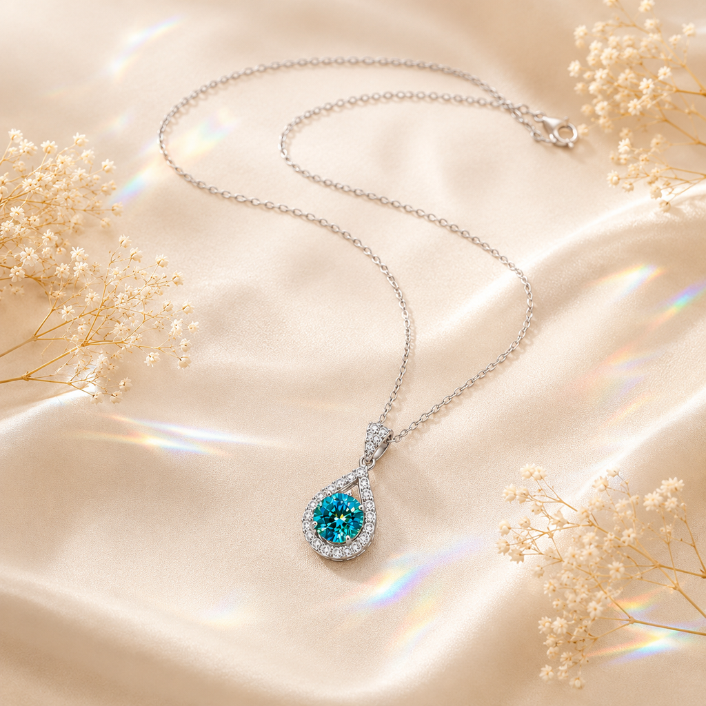 Aqua Blue Luma 1 Carat Pear-Cut Colored Moissanite Necklace — full-length necklace view