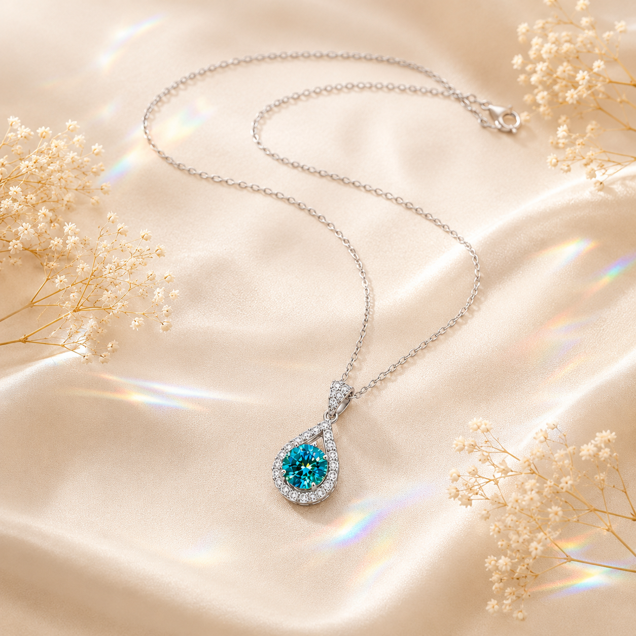 Aqua Blue Luma 1 Carat Pear-Cut Colored Moissanite Necklace — full-length necklace view