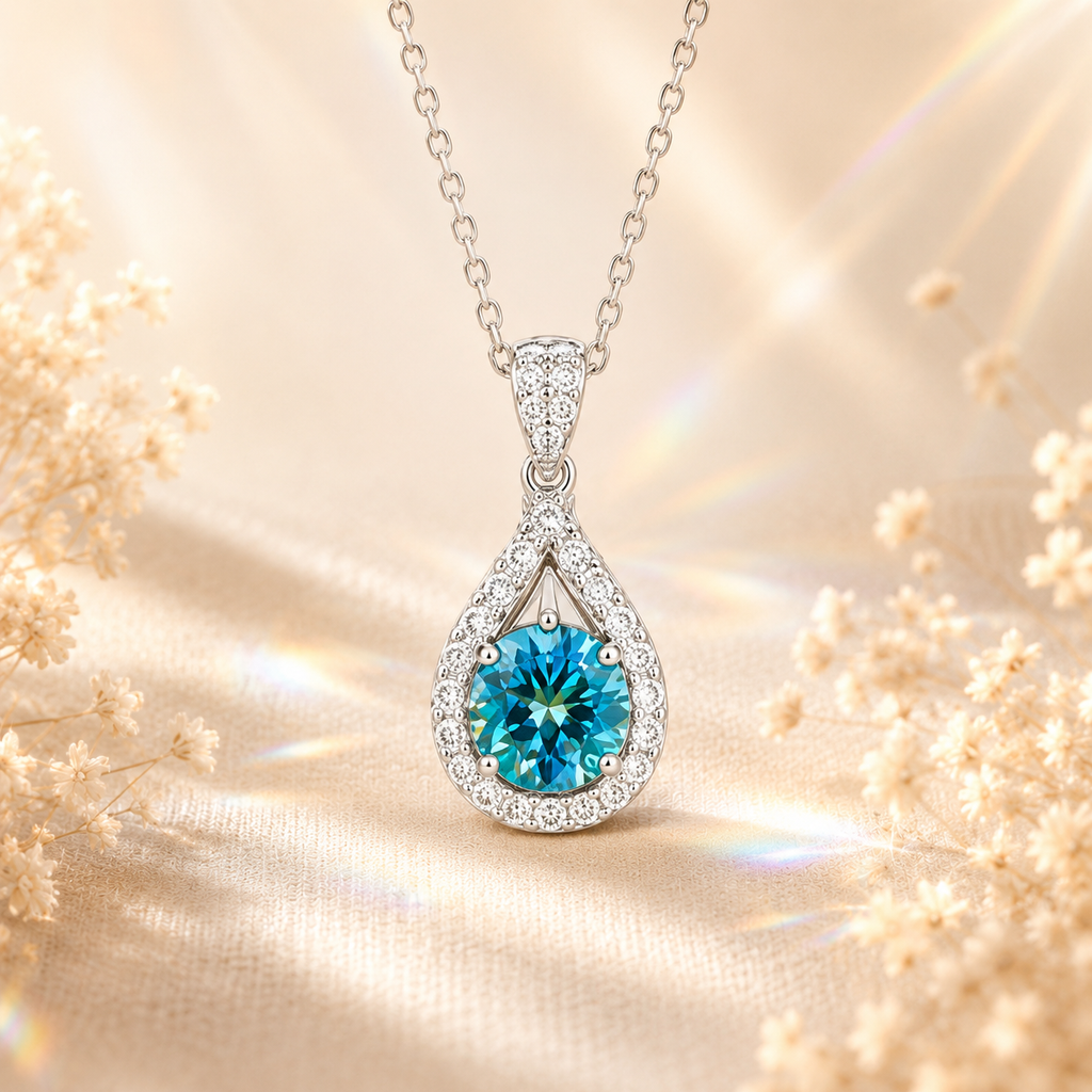Aqua Blue Luma 1 Carat Pear-Cut Colored Moissanite Necklace — front view