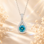 Aqua Blue Luma 1 Carat Pear-Cut Colored Moissanite Necklace — front view