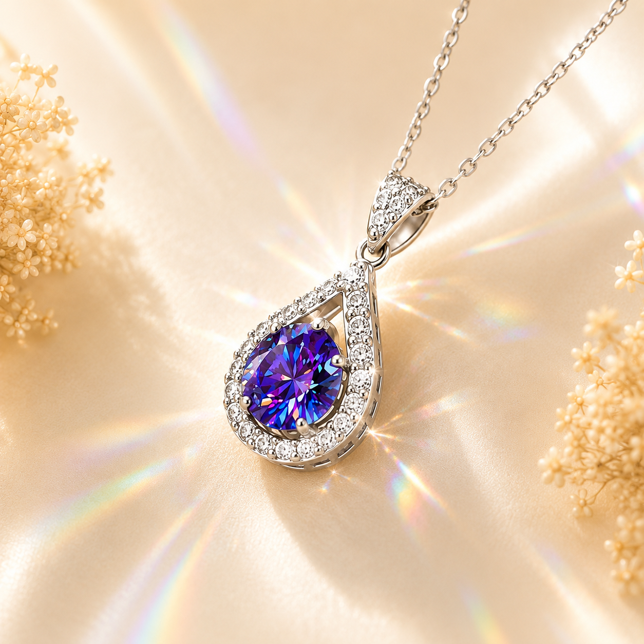 Purple Luma 1 Carat Pear-Cut Colored Moissanite Necklace — angled detail view