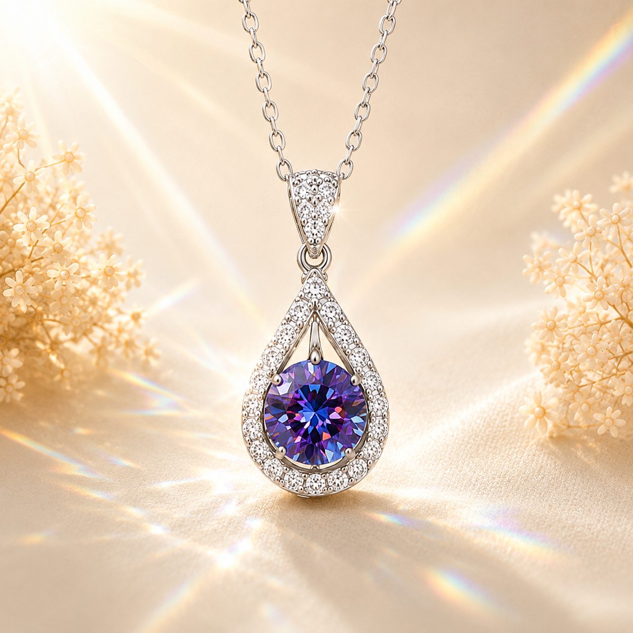 Purple Luma 1 Carat Pear-Cut Colored Moissanite Necklace — front view