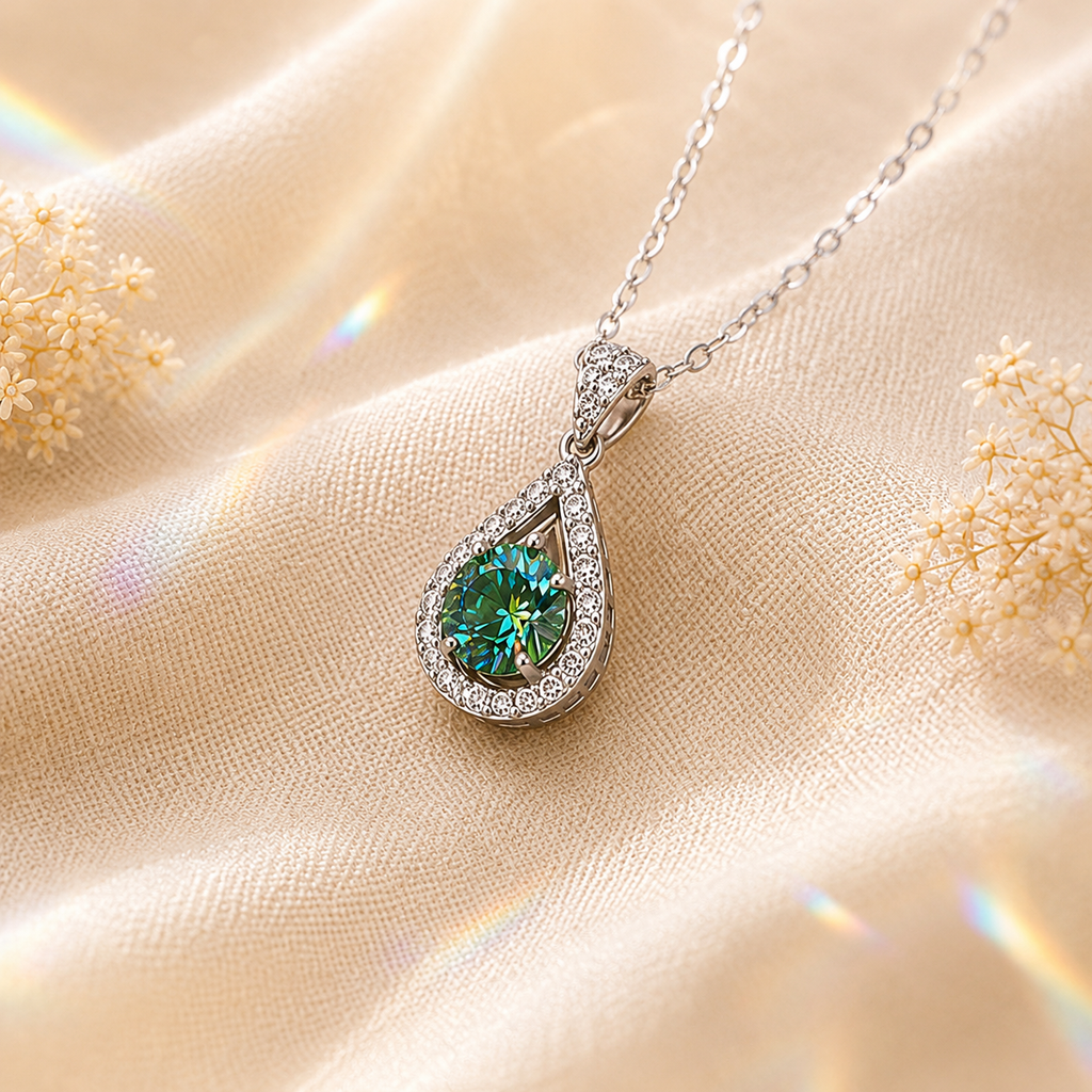 Green Luma 1 Carat Pear-Cut Colored Moissanite Necklace — angled detail view