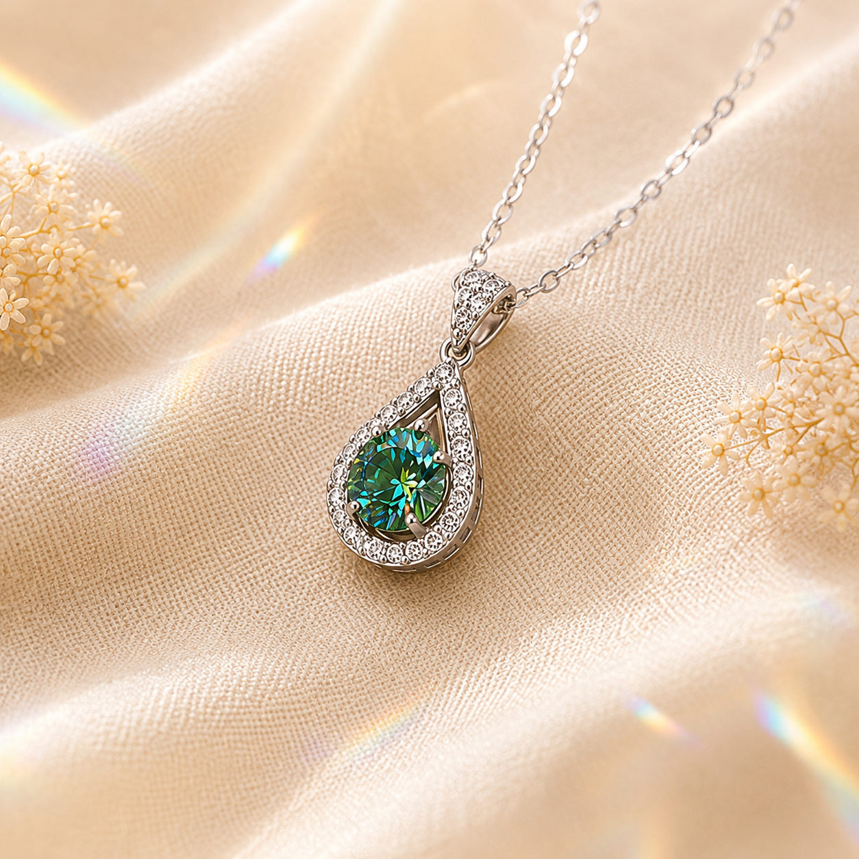Green Luma 1 Carat Pear-Cut Colored Moissanite Necklace — angled detail view