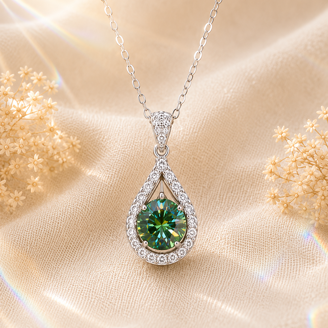 Green Luma 1 Carat Pear-Cut Colored Moissanite Necklace — front view