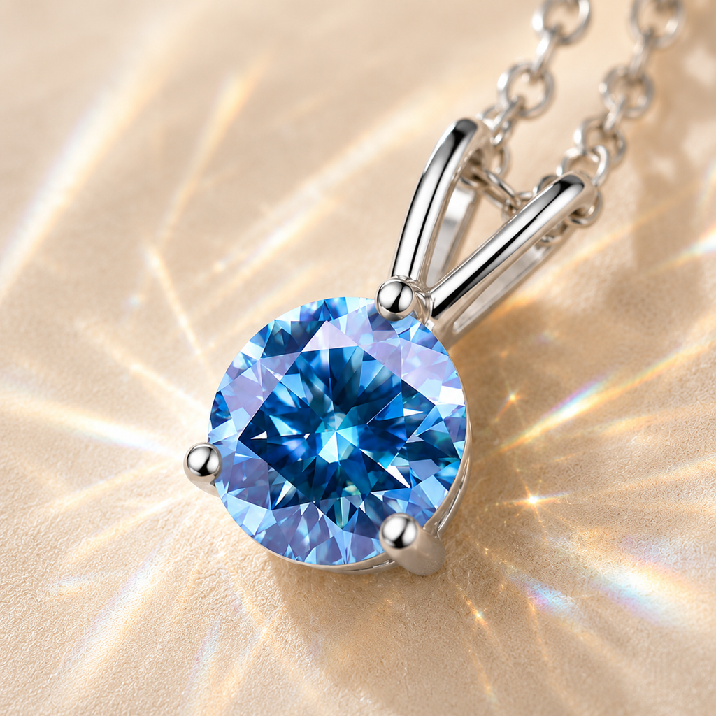 Sky Blue Solis 1 Carat Three-Prong Colored Moissanite Necklace — close-up setting detail