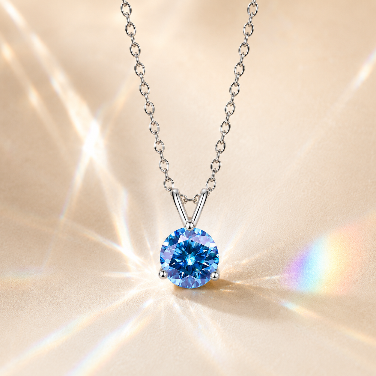 Sky Blue Solis 1 Carat Three-Prong Colored Moissanite Necklace — front view