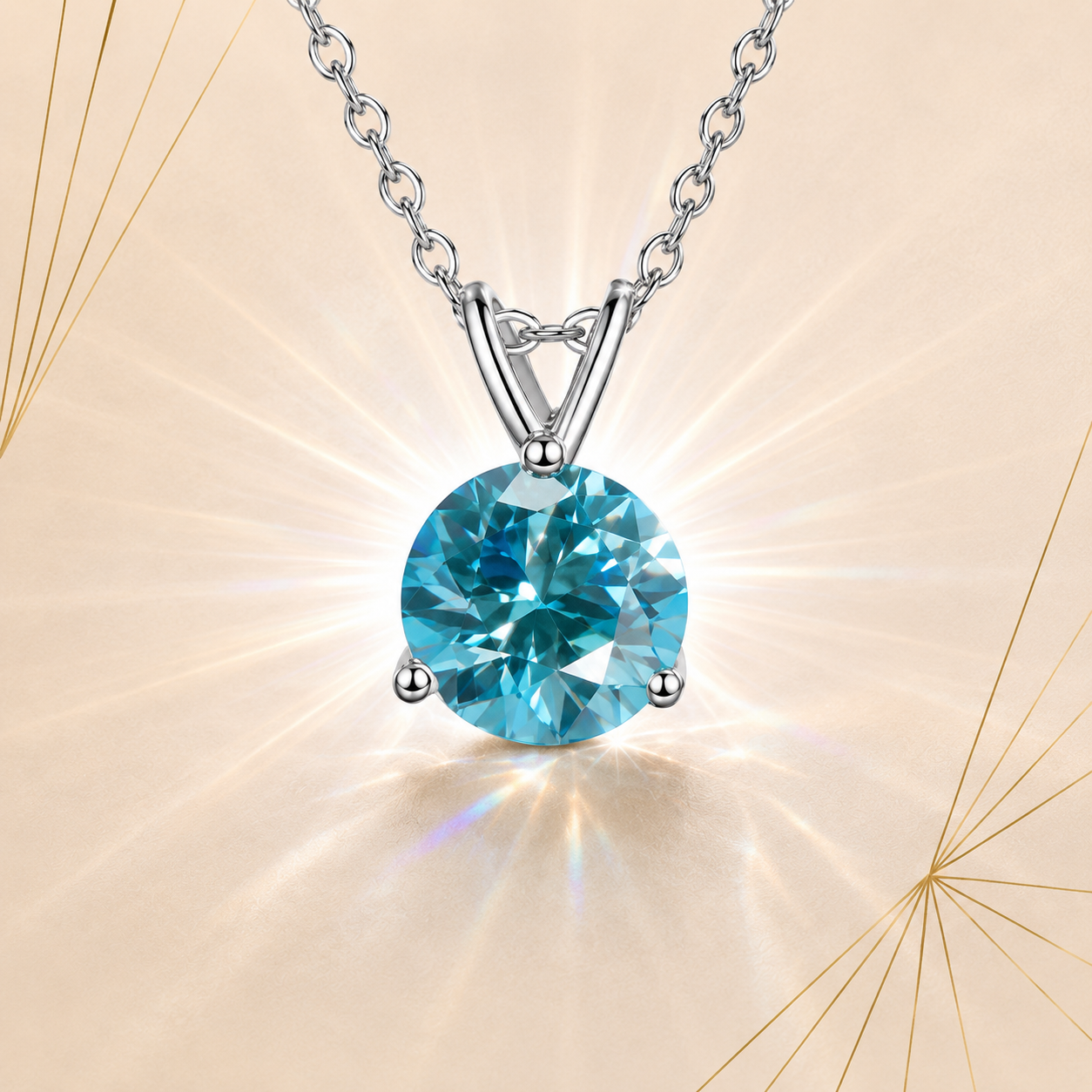 Aqua Blue Solis 1 Carat Three-Prong Colored Moissanite Necklace — front view