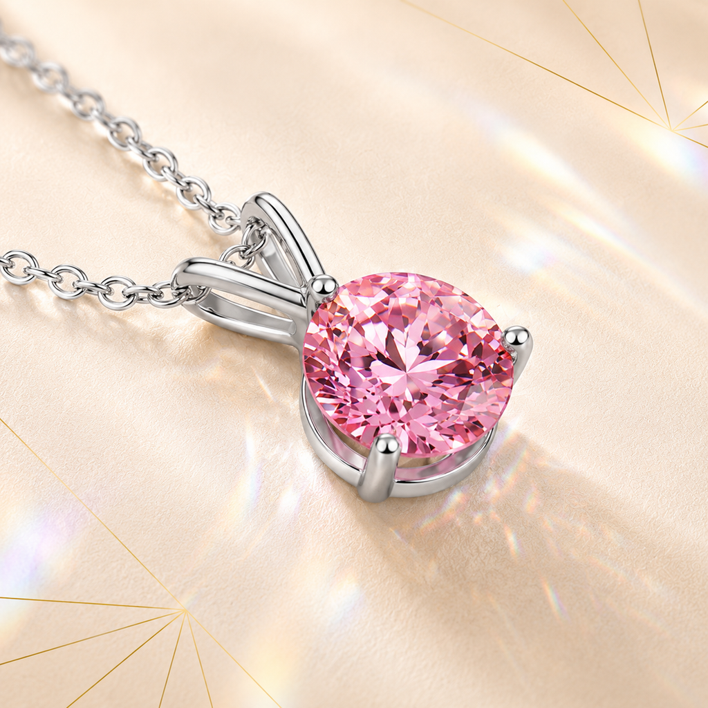 Pink Solis 1 Carat Three-Prong Colored Moissanite Necklace — close-up setting detail