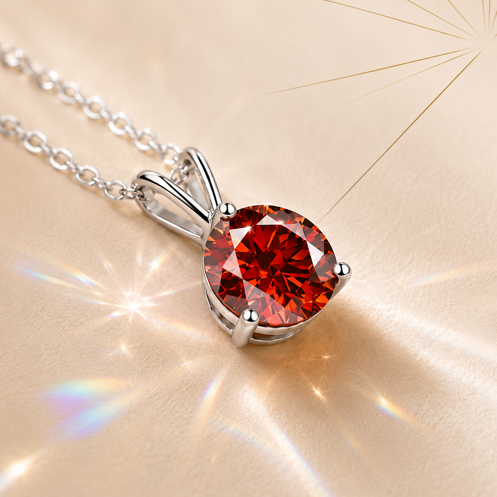 Red Solis 1 Carat Three-Prong Colored Moissanite Necklace — close-up setting detail