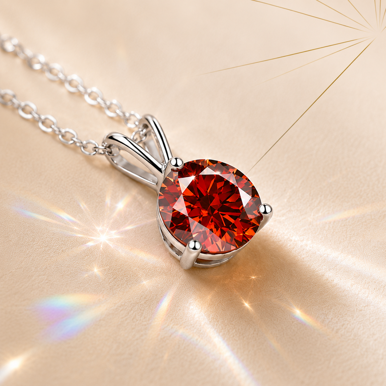 Red Solis 1 Carat Three-Prong Colored Moissanite Necklace — close-up setting detail