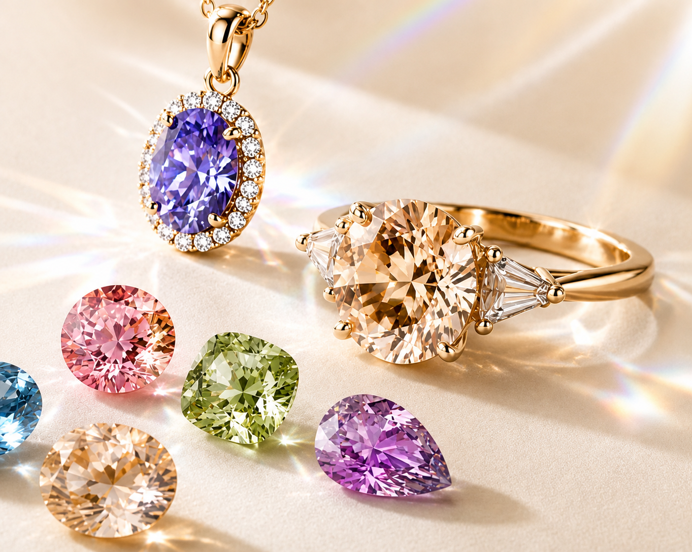 PRISMA colored moissanite gems, ring and pendant
