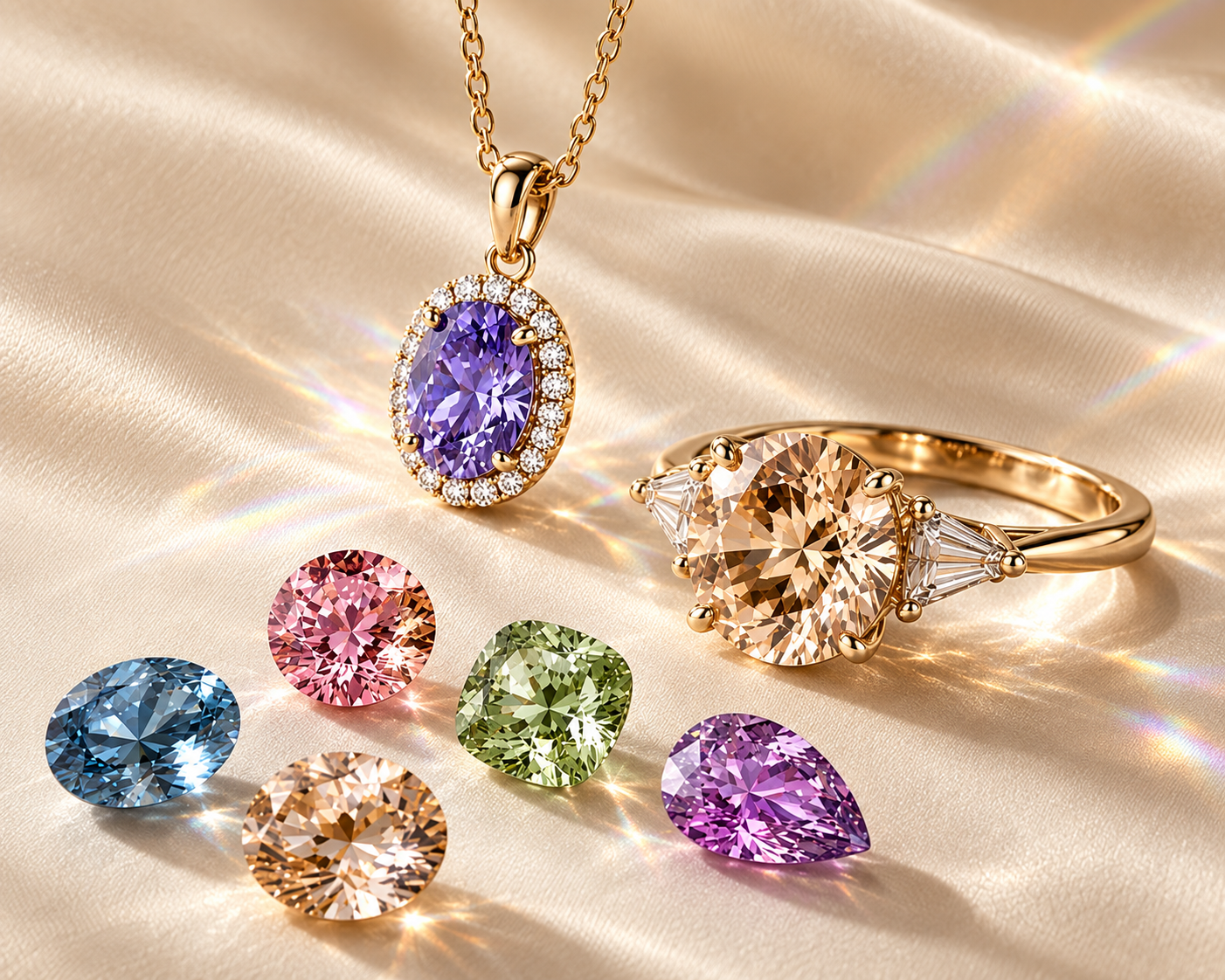 PRISMA colored moissanite gems, ring and pendant