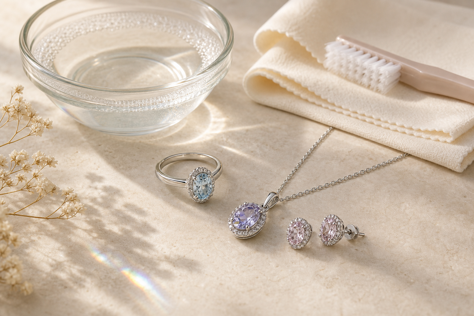 Gentle cleaning setup for colored moissanite and sterling silver jewelry