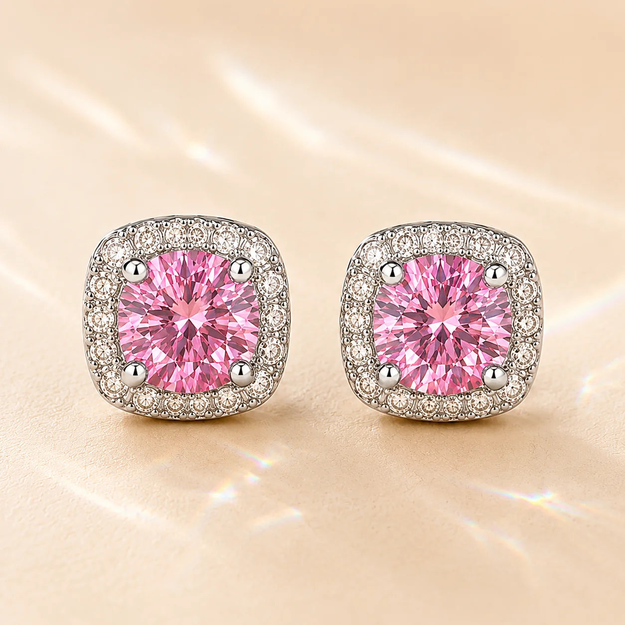 Pink cushion halo colored moissanite stud earrings