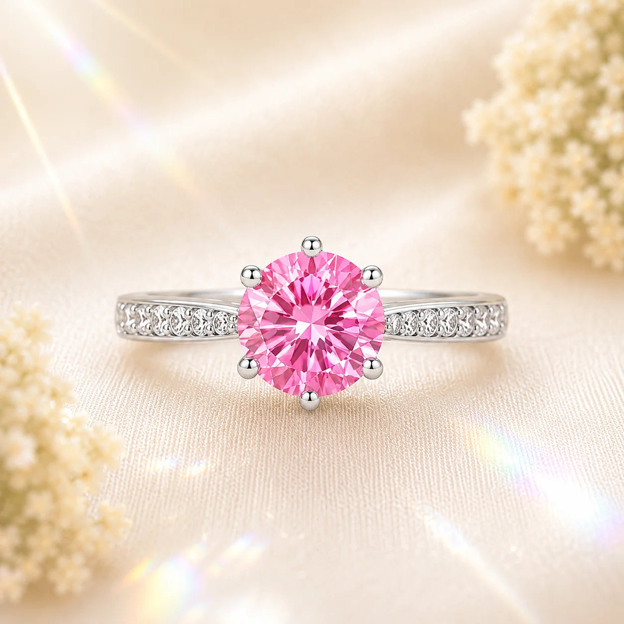 Pink six-prong colored moissanite ring