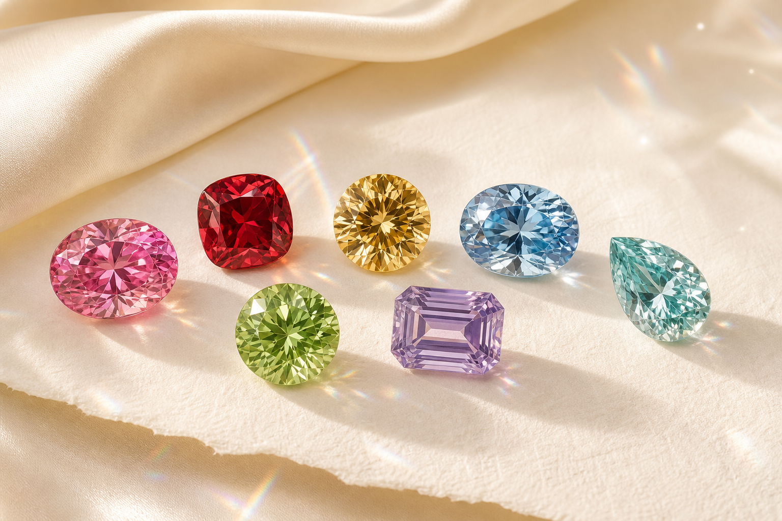 A spectrum of faceted colored moissanite gemstones