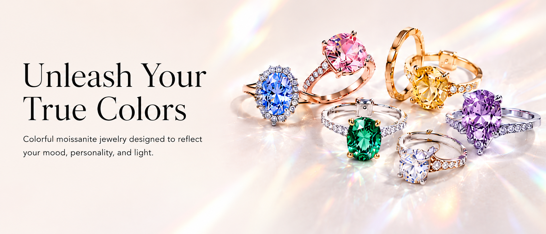 A spectrum of PRISMA colored moissanite rings in pink, blue, green, yellow and lavender