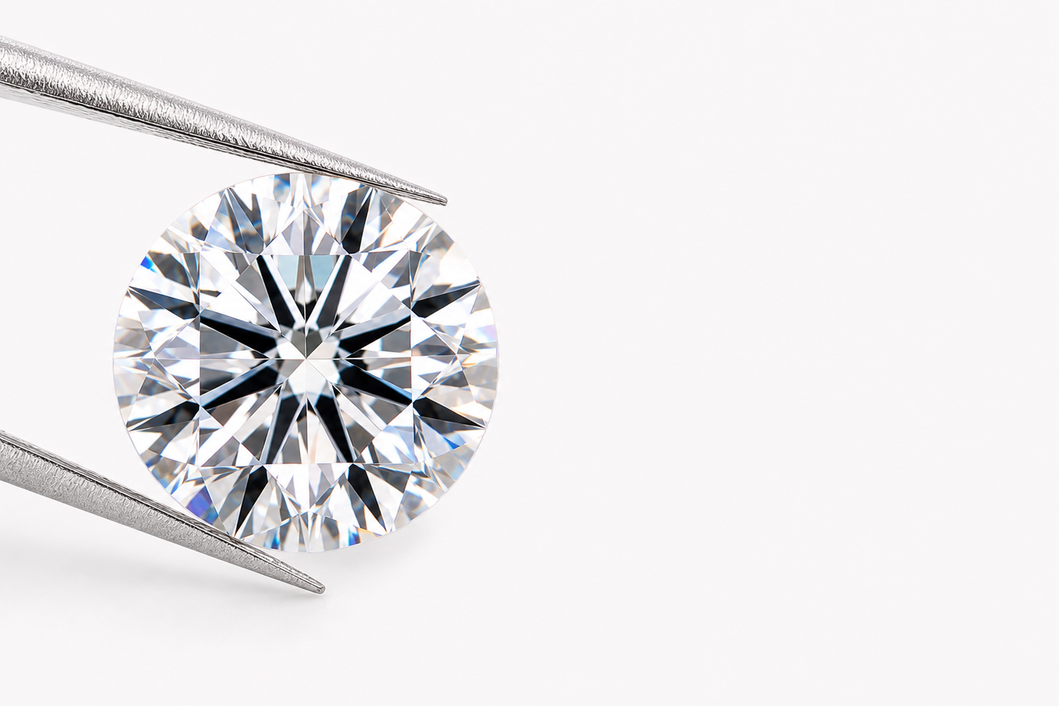 Round brilliant gemstone held in tweezers with an arrow-like facet pattern